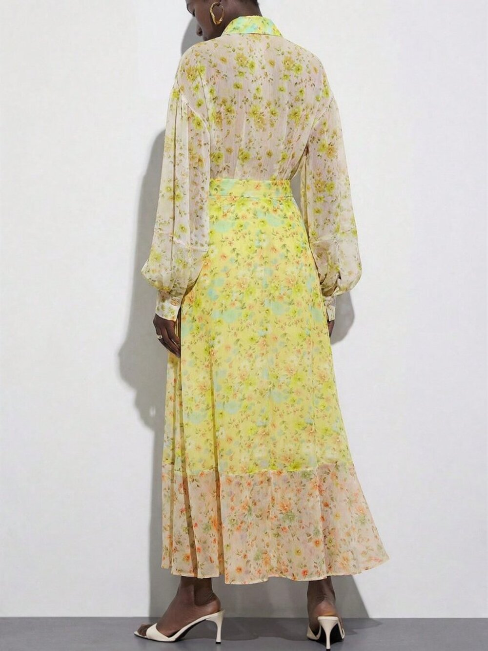 Multicolor Boho Women's Chiffon Gradient Floral Print Long Sleeve Dress - Picture 2 of 7